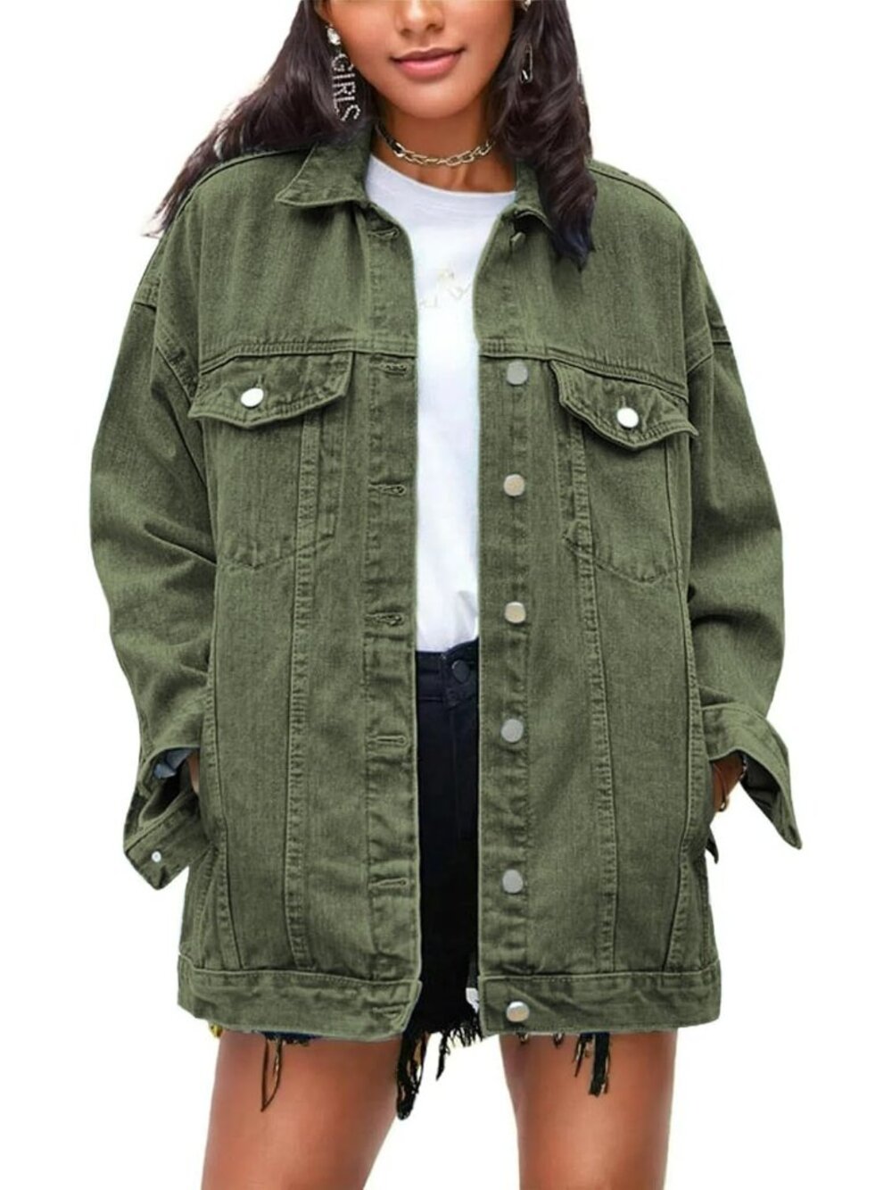 〽️ Women’s Green Button Down Oversized Long Casual Coat Denim Jeans Jacket